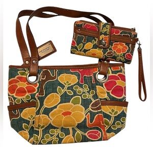 Relic Brand Collection Double Handled Flowers and Elephant Handbag and Wallet